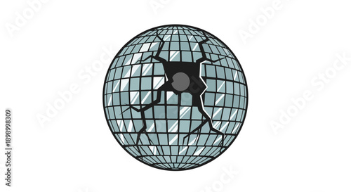 Stylized graphic of a damaged mirror ball with prominent cracks and a central impact, symbolizing disruption, an end to festivities, or a sudden change
