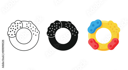 Collection of three baby teething ring icons showing line art solid black silhouette and full color illustrations variations