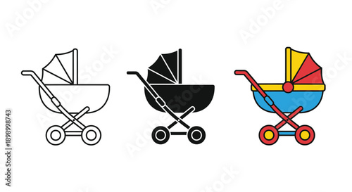 Collection of three baby carriage icons showing line art silhouette and colorful filled graphic styles for infant transport