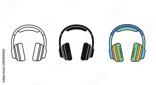 Collection of three distinct headphone icons showcasing line art solid silhouette and colorful filled design variations