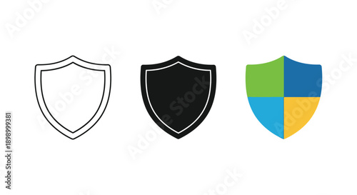 Collection of three distinct shield icons representing security protection defense and antivirus software concepts in a row