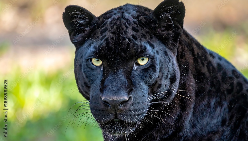 Obraz premium Close-up portrait of a majestic black panther with piercing yellow eyes in a natural setting.