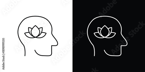 Single icon of line art silhouette of human head with lotus flower symbolizing peace, mindfulness, and meditation