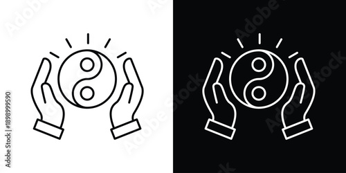 Yin Yang Symbol Held Between Two Hands Icon Concept - Black and White Illustrations