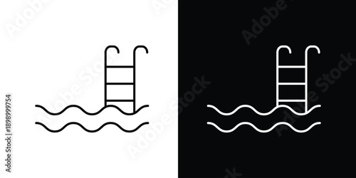 Minimalist Line Art Icon of a Swimming Pool with Ladder and Wavy Water Representing Summer Recreation and Aquatic Activities