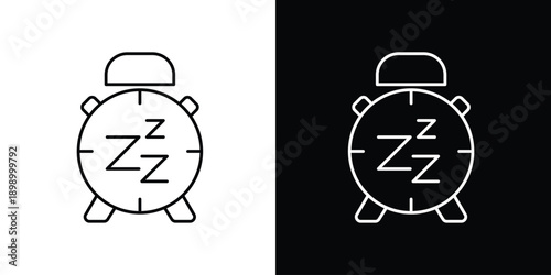 Sleek minimalist outline icon of a classic alarm clock with Zzz symbols, representing restful sleep, early morning wake-up, and daily time management routines