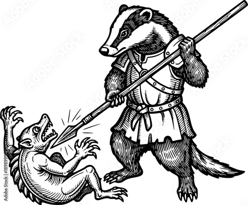 Woodcut of anthropomorphic badger with a spear-wielding creature
