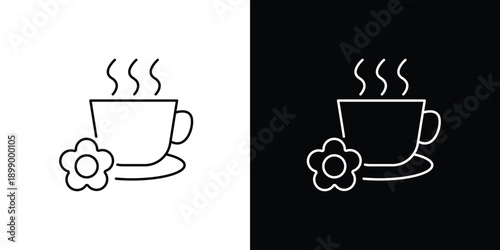 Minimalist vector illustration of a steaming hot drink cup with a charming flower design, ideal for web icons, mobile apps, and branding elements