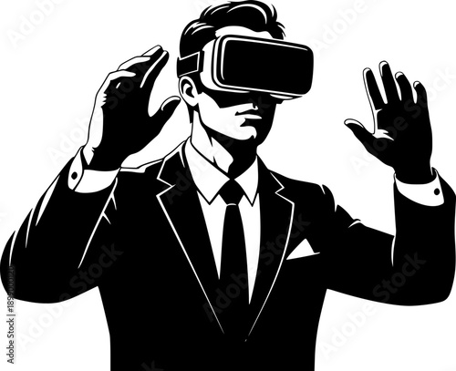 Stylized virtual reality illustration featuring a businessman we
