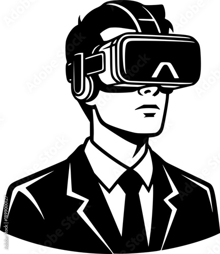 Stylized virtual reality illustration featuring a businessman we

