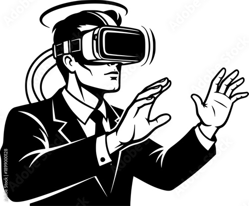 Stylized virtual reality illustration featuring a businessman we
