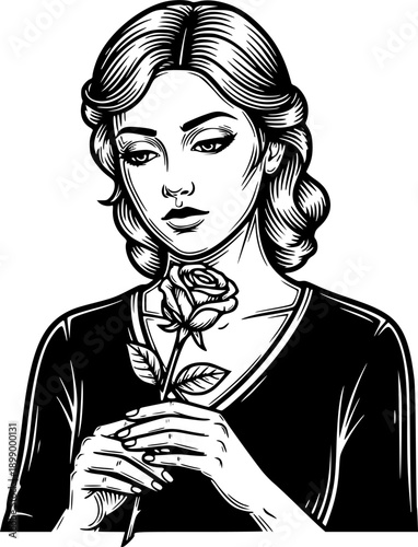 Engraved illustration of a thoughtful woman holding a single ros
