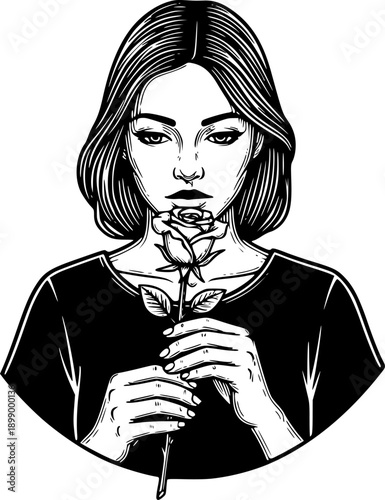 Engraved illustration of a thoughtful woman holding a single ros
