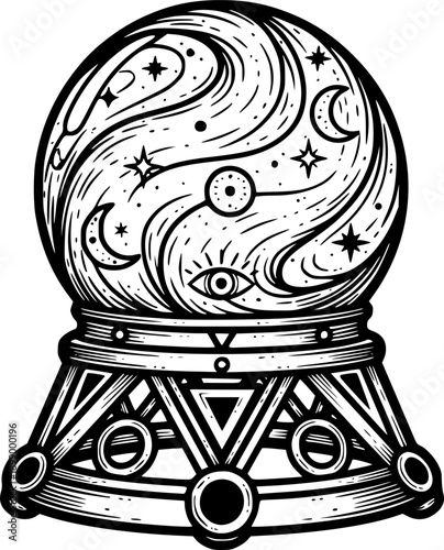 Mystical crystal ball engraved illustration with geometric base
