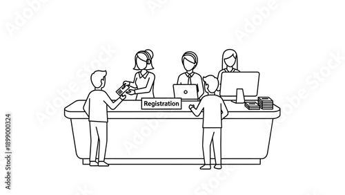 People standing at a reception desk.