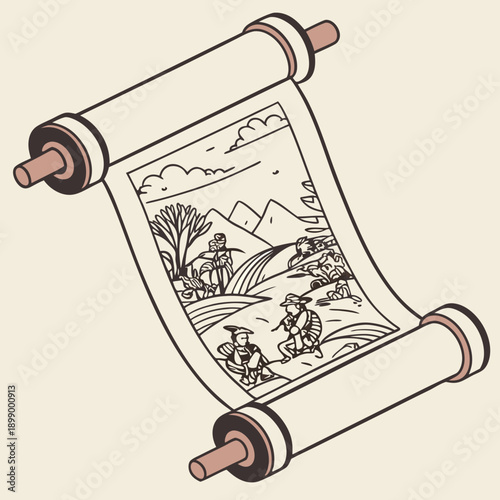 Ancient Japanese Scroll Depicting Rural Landscape with Figures and Mountains in a Simple Line Art Style on a Light Background