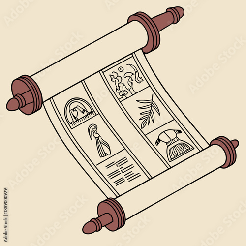 Ancient Scroll With Illustrated Panels And Text On A Light Sepia Background