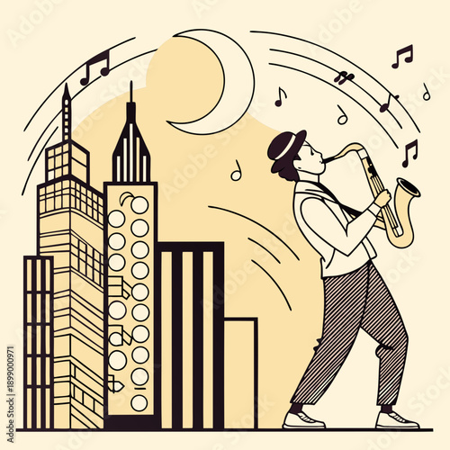 Art Deco Style Illustration of a Musician Playing Saxophone at Night in a Cityscape with a Crescent Moon and Musical Notes Flowing Across the Sky