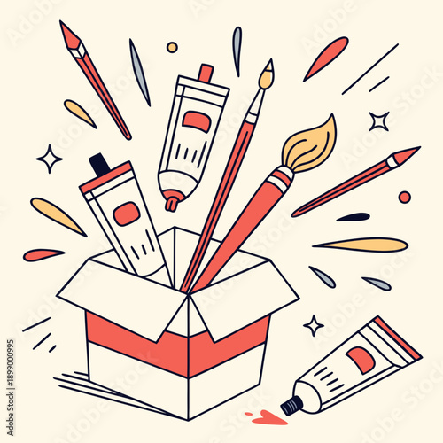 Art Supplies Box with Paint Brushes and Tubes Creative Expression and Artistic Tools in a Whimsical Illustration Style on a Cream Background