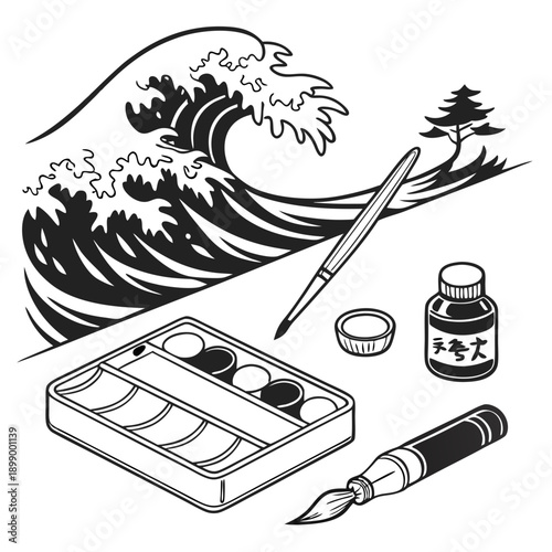Artistic Collection of Painting Supplies Including a Brush Palette and Ink Bottle Set Against a Stylized Ocean Wave Backdrop in Monochrome Illustration Style