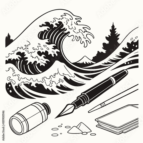 Artistic Composition Featuring a Majestic Crashing Wave Fountain Pen Inkwell and Sketchbook Evoking a Sense of Creative Inspiration and Maritime Power in Black and White