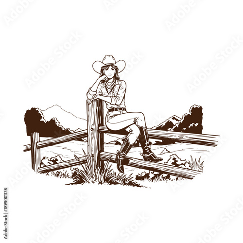  Cowgirl sitting on fence post with mountainous landscape