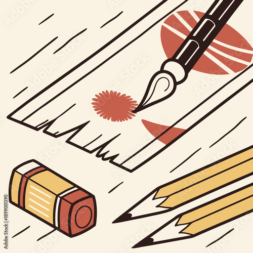 Artistic Still Life with Pencils Eraser and Brush on Wooden Surface with Red Paint Splatter and Circular Design Detail