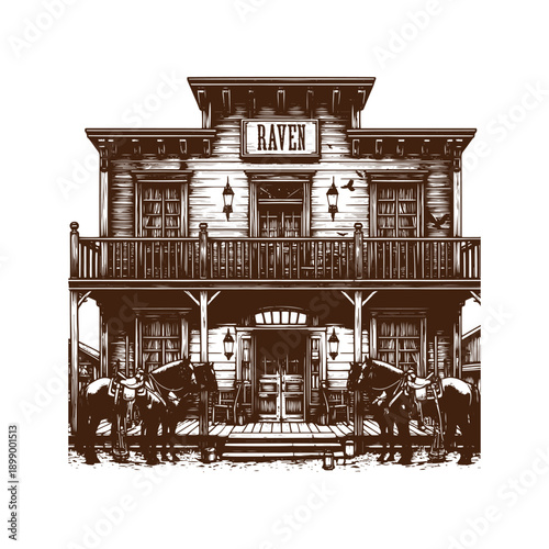  Vintage illustration of a two story western saloon building with people