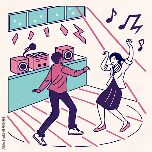 Couple Dancing Energetically on Dance Floor in Disco Club with Music Notes and Spotlights Creating Festive Atmosphere