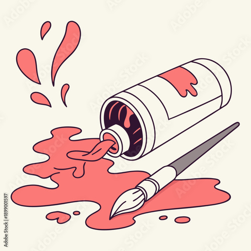 Coral Pink Paint Spilling from a Tube onto a Light Beige Surface with a Paintbrush Nearby for Artistic Creation and Messy Art Projects in a Studio Setting
