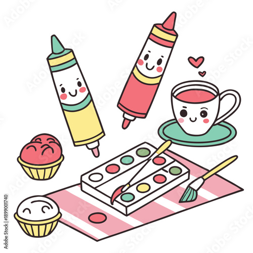 Cute Cartoon Watercolor Painting Supplies Cupcakes and Hot Beverage with Kawaii Faces and Hearts Creating a Whimsical Artistic Scene