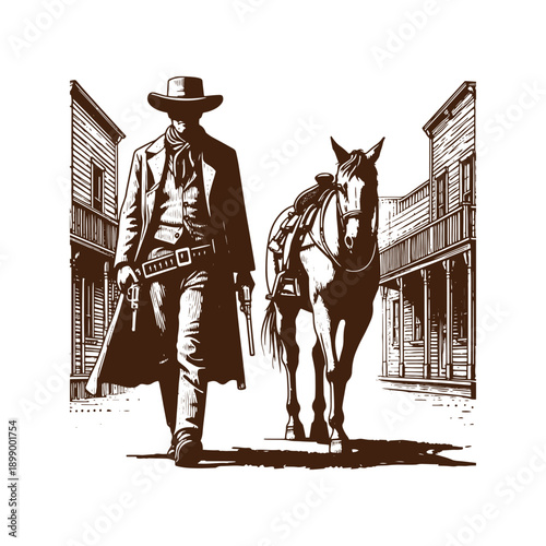  Cowboy walking down the street with horse in wild west town
