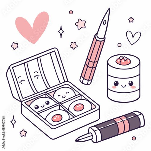 Cute Kawaii Sushi Roll Bento Box With Chopsticks And Pink Heart Shapes And Stars Simple Outline Illustration Pastel Colors