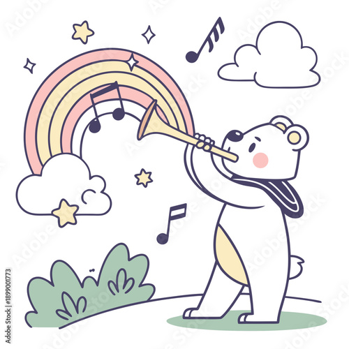 Cute White Bear Playing Trumpet Under Pastel Rainbow and Stars with Musical Notes Floating in a Whimsical Sky