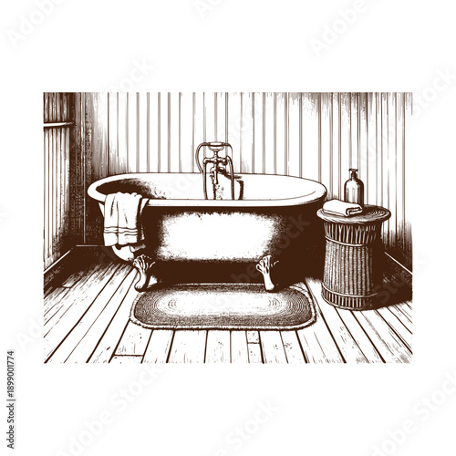  Vintage bathroom scene with clawfoot tub and wicker stand