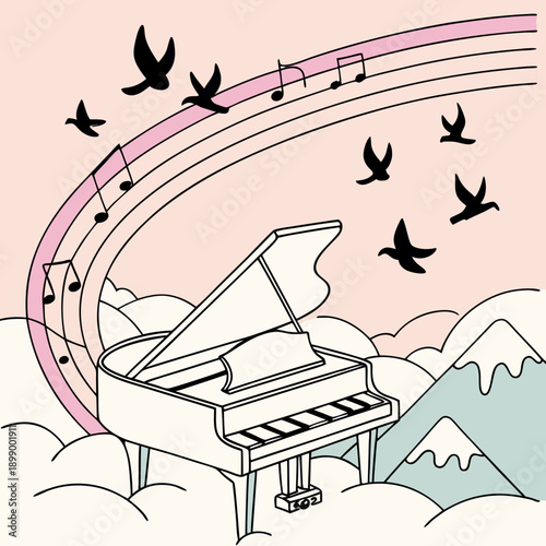 Elegant white grand piano rests on soft clouds amidst a whimsical landscape with musical notes flowing upwards towards flying birds under a pastel sky