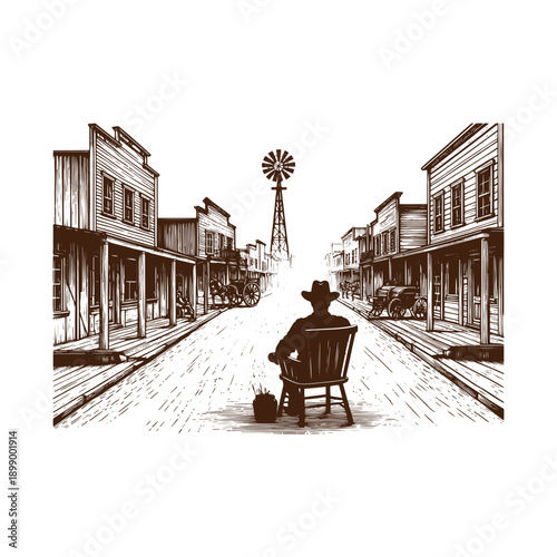  Cowboy sitting on chair in the middle of the road in a western town
