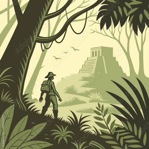 Explorer Approaches Ancient Jungle Pyramid Through Dense Foliage Under Soft Light Highlighting Lush Greenery and Distant Birds in Flight