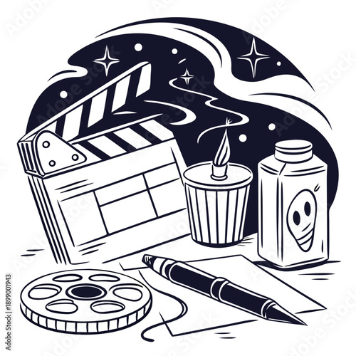 Filmmaking Clapperboard Reel of Film Pen Paper Candle and Bottle with Alien Head Symbol on Dark Cosmic Background with Stars