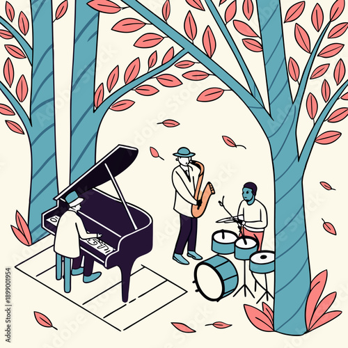 Forest Jazz Trio Performing Outdoors with Grand Piano Saxophone and Drum Set Amidst Autumn Foliage and Tall Trees in Soft Natural Light