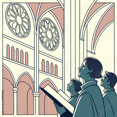 Group of people singing in a church choir holding hymnals looking upwards in a grand cathedral interior with arched windows and columns