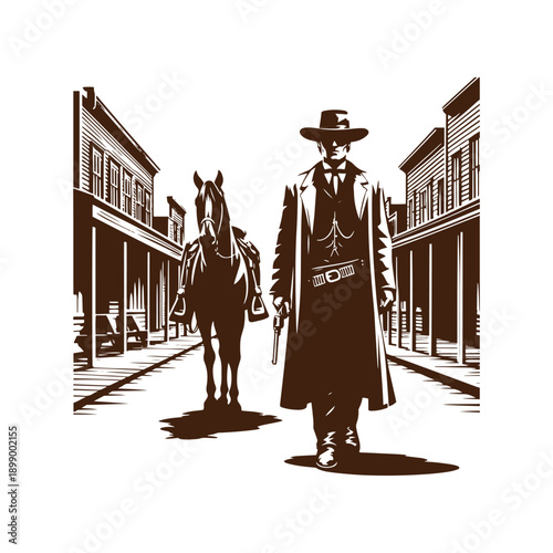  Cowboy walking down the street with horse in western town