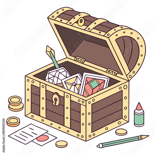 Isometric Illustration Of An Open Wooden Treasure Chest Filled With Game Cards And A Pencil And Coins Scattered Around On A White Background