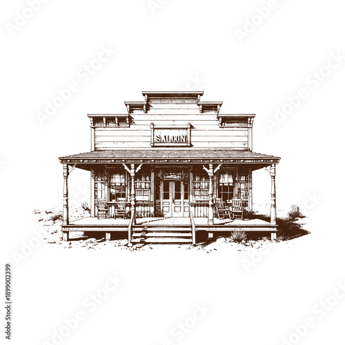  Vintage saloon building with porch and signage