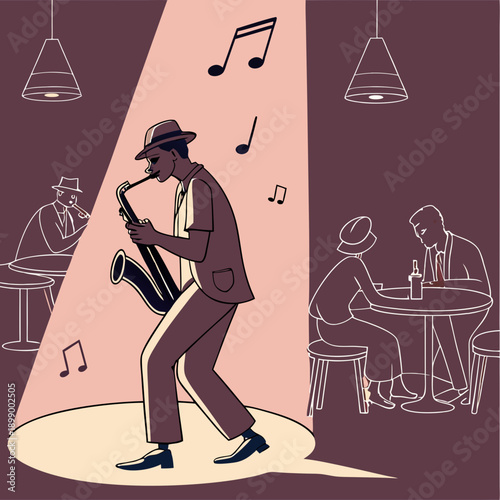 Man in Fedora and Suit Plays Saxophone in Dimly Lit Jazz Club with Spotlight on Stage and Silhouetted Patrons at Tables