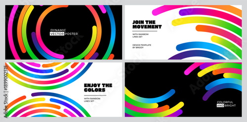 Circle Line Graphic Pattern. Color Gradient Wave Line Abstract Background. Circular Curve Shape Rainbow Ribbons. Round Neon Colored Dynamic Posters