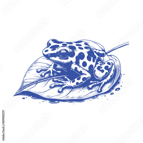  Frog sitting on a leaf with water droplets around it