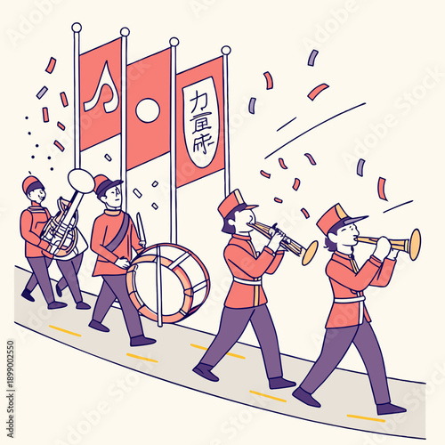 Marching Band Parade with Musicians in Uniform Playing Instruments and Waving Flags with Confetti Falling on a Road under a Light Colored Sky