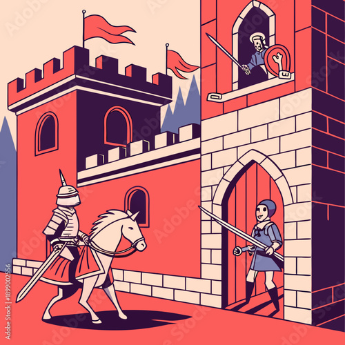 Medieval Knight on Horseback Approaches Red Castle Fortress with Guard at Gate and Archer on Wall During Daytime with Stylized Blue Trees in Background