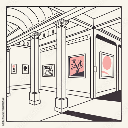 Minimalist Art Gallery Interior With Geometric Paintings And Architectural Columns Featuring Soft Natural Light And A Neutral Color Palette Ideal For Modern Design Concepts